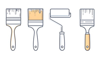 Four painting tools, brushes and roller, illustrated with clean lines on a white background