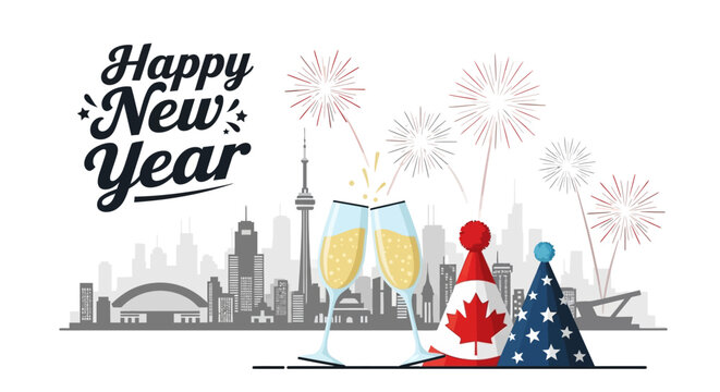 New Year's Eve Celebration with Champagne Toasts and Party Hats - Powered by Adobe