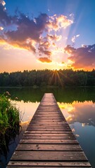 Serene sunset over calm lake, wooden dock extends towards sun's rays