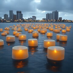 Many floating candles on water, cityscape in background