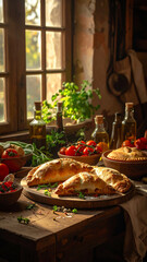 Naklejka premium A rustic kitchen scene featuring delicious homemade calzones, fresh tomatoes, and vibrant herbs in natural light.