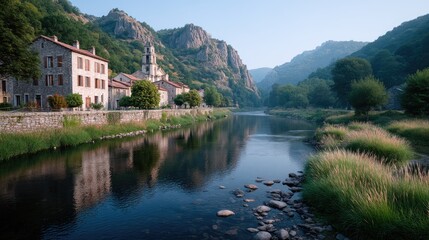 Fototapeta premium Scenic River Reflecting Old Town Architecture Surrounded by Verdant Mountains in Sunny Weather