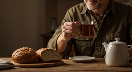 Man drinking tea with fresh bread for breakfast at a rustic table. Cozy morning at home with a simple meal and copy space