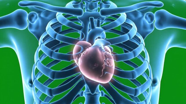 Animated 3D visualization of a beating human heart inside a translucent skeletal rib cage on green screen.