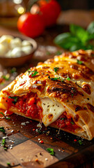 Delicious cheesy calzone filled with rich tomato sauce and fresh herbs, perfect for a comforting meal.