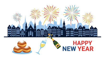 Fototapeta premium Festive New Year's Eve Celebration with Fireworks and Cityscape