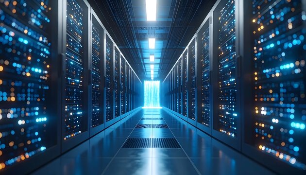 Data Center Server Room with Illuminated Servers and Technology Concept