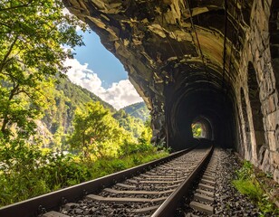 Mountain Tunnel Railroad Pathway Through Nature