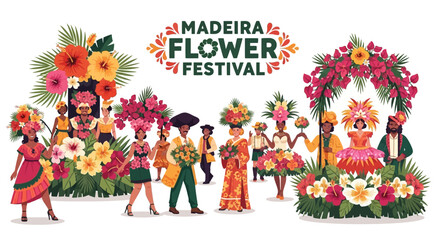 Madeira Flower Festival Celebration with People in Floral Costumes and Decorations