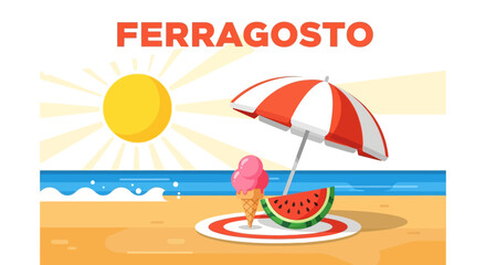 Summer Beach Scene with Ice Cream, Watermelon, and Parasol