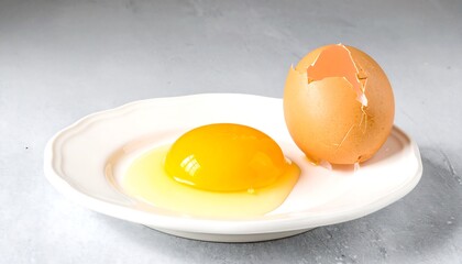 Broken egg on plate, with bright yellow yolk, against gray background, cracked shell visible