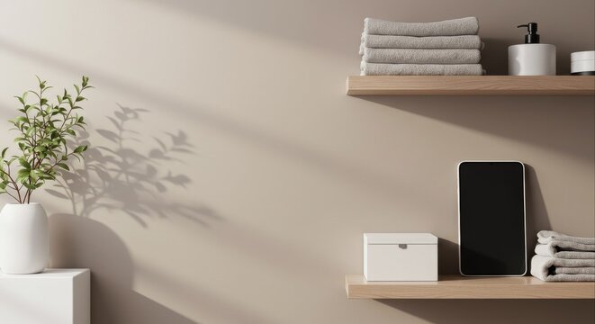 Contemporary home interior with wooden shelves and natural light.