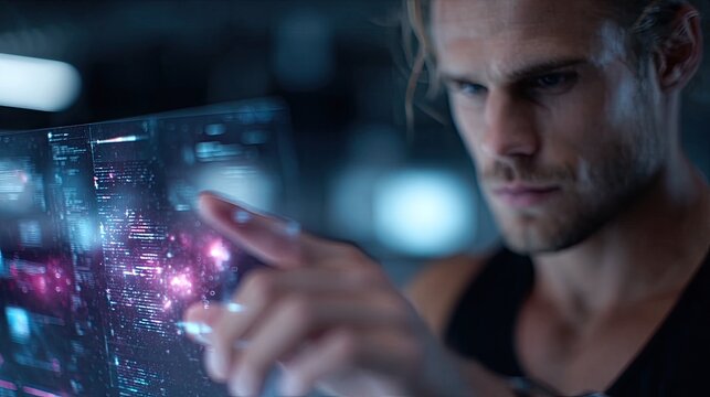 Man Interacting with Futuristic Technology Display with Cinematic Lighting and Black Tank Top - Powered by Adobe