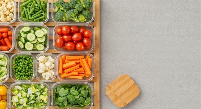 Top View of Organized Meal Prep Containers with Fresh Chopped Vegetables.