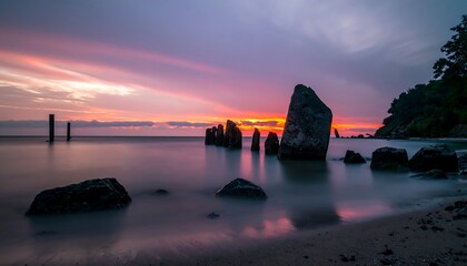 Serene sunset over calm ocean with rocks