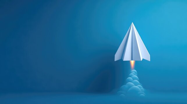 Creative concept of a paper airplane launching into the sky with a bright rocket flame, symbolizing innovation, dreams, and the power of imagination in a minimalistic design setting