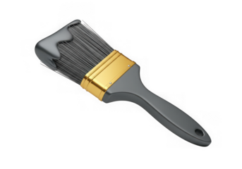 3d icon of wire brush with gray handle and gold band isolated on transparent background