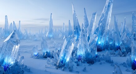 A field of glowing blue ice crystals in a frosty, ethereal landscape under a soft sky