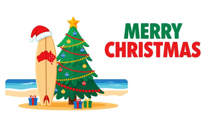 Christmas Surfboard with Santa Hat and Decorated Tree © Red3