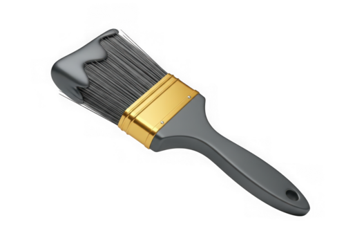3d icon of wire brush with gray handle and gold band isolated on transparent background