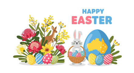 Australian Easter Illustration: Bunny, Kangaroo, Flowers, and Decorated Eggs