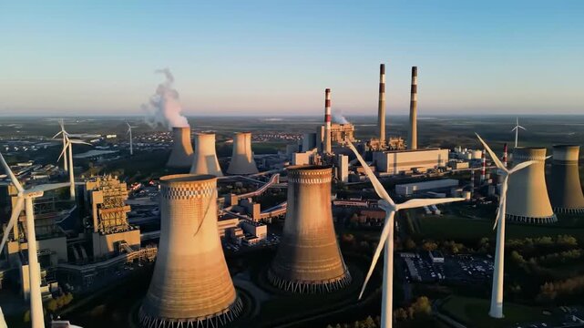 Power Generation Landscape with Wind Turbines and Power Plant
