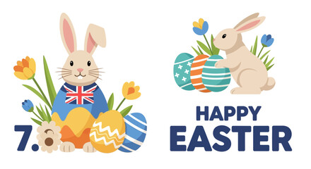 Two Easter Bunnies with Eggs and Flowers