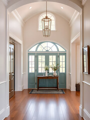 An open large and wide interior front door hallway foyer with transom, hanging light fixture, coastal colors and entry way table and wood floors