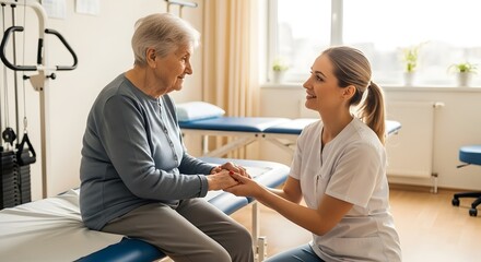 Elderly woman holding hands with caregiver in physical therapy room rehabilitation center recovery support