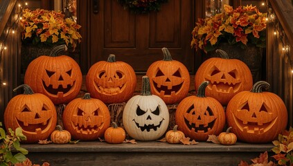 Obraz premium A vibrant and ornate set of glowing jack-o'-lanterns with spooky faces decorating a porch for a festive Halloween night