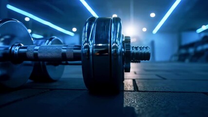 Close-up of a shiny dumbbell resting on a gym floor, illuminated by blue lights, showcasing a modern fitness environment - Powered by Adobe