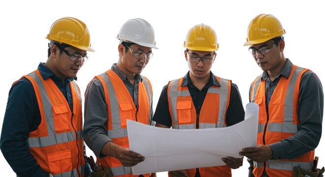 Four construction workers in hard hats and safety vests reviewing blueprints.