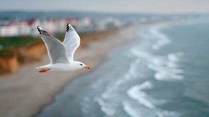 Seagull in Flight Over Ocean Coastal Horizon Under Cloudy Sky