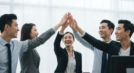 Diverse Team of Business Professionals Celebrating Success with High Fives.