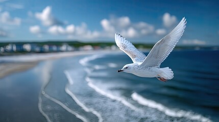 Seagull Mid Flight Above a Sandy Beach with Crashing Waves and Distant Buildings Under a Bright Blue Sky in a Cinematic HDR Wildlife Shot