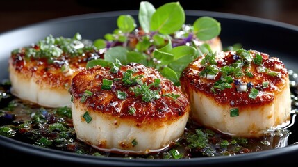 Seared Scallops with Herb Garnish on Black Plate in Dramatic Lighting Gourmet Dish Presentation