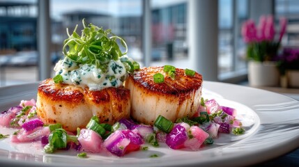 Seared Scallops Topped with Greens on Plate with Purple Salsa at Restaurant with Large Windows and Cinematic Lighting High Definition