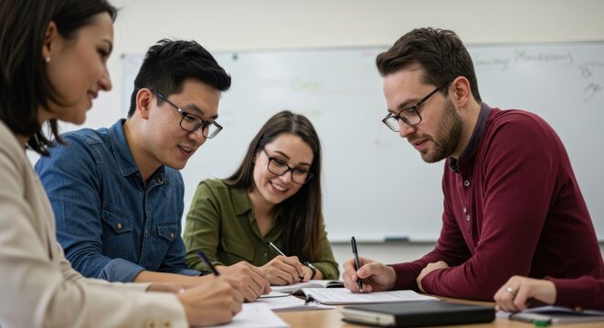 Diverse group of professionals collaborating on a project in a modern office setting.