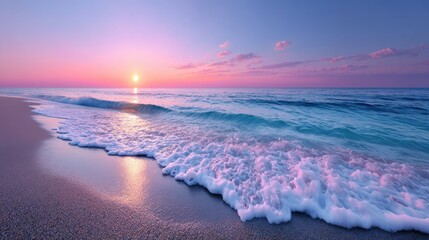 Seascape at Sunset with Pink and Purple Sky and Crashing Waves on Sandy Beach Warm Tones and Reflections in the Water with Horizon Glow