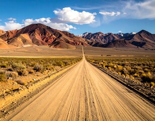 A dusty road stretches into a colorful mountain range under a partly cloudy sky