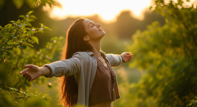 Serene woman with arms outstretched and eyes closed, embodying freedom, nature connection, and well-being - Powered by Adobe
