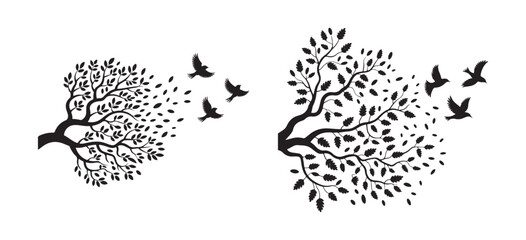 Elegant Tree Silhouette with Birds Vector Art