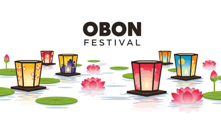 Colorful Japanese Obon Festival Lanterns Floating on Water