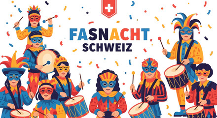 Colorful Fasnacht Parade in Switzerland with Masked Drummers and Confetti