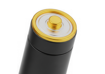 3d icon of closeup of a black and gold battery isolated on transparent background