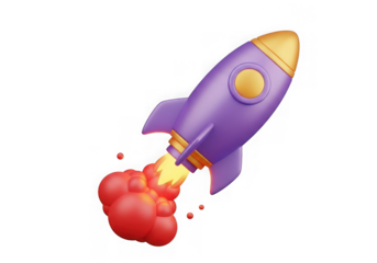 3d icon of purple rocket launching with red smoke isolated on transparent background