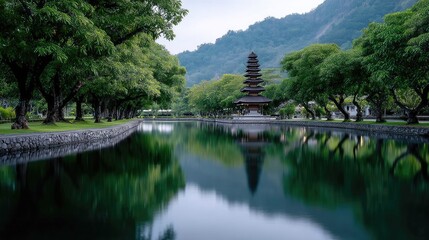 Scenic View of Balinese Temple in Lush Green Garden with Mountain Backdrop and Water Reflection Serene Exotic Travel Destination on Tranquil Day