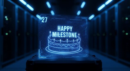 Futuristic Milestone Celebration: Holographic Cake in Server Room.