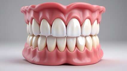 Obraz premium A set of bright white teeth nestled in pink gums is displayed against a simple white background.