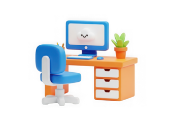 3d icon of cute cartoon desk with computer and chair isolated on transparent background